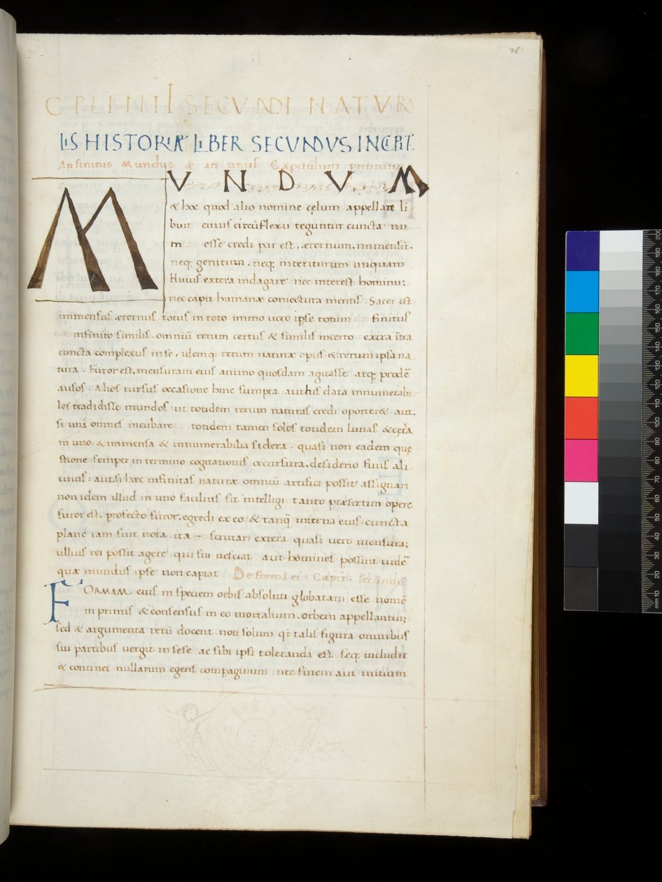 Paní 394,1. Plinius starší, Historia naturalis, f.26r. Iniciála pera [M] přidána do vyhrazeného prostoru ponechaného dekoratérem prázdného, Neapol, polovina 15. století, kolem 1442 (pergamen) od Neapolitan School
