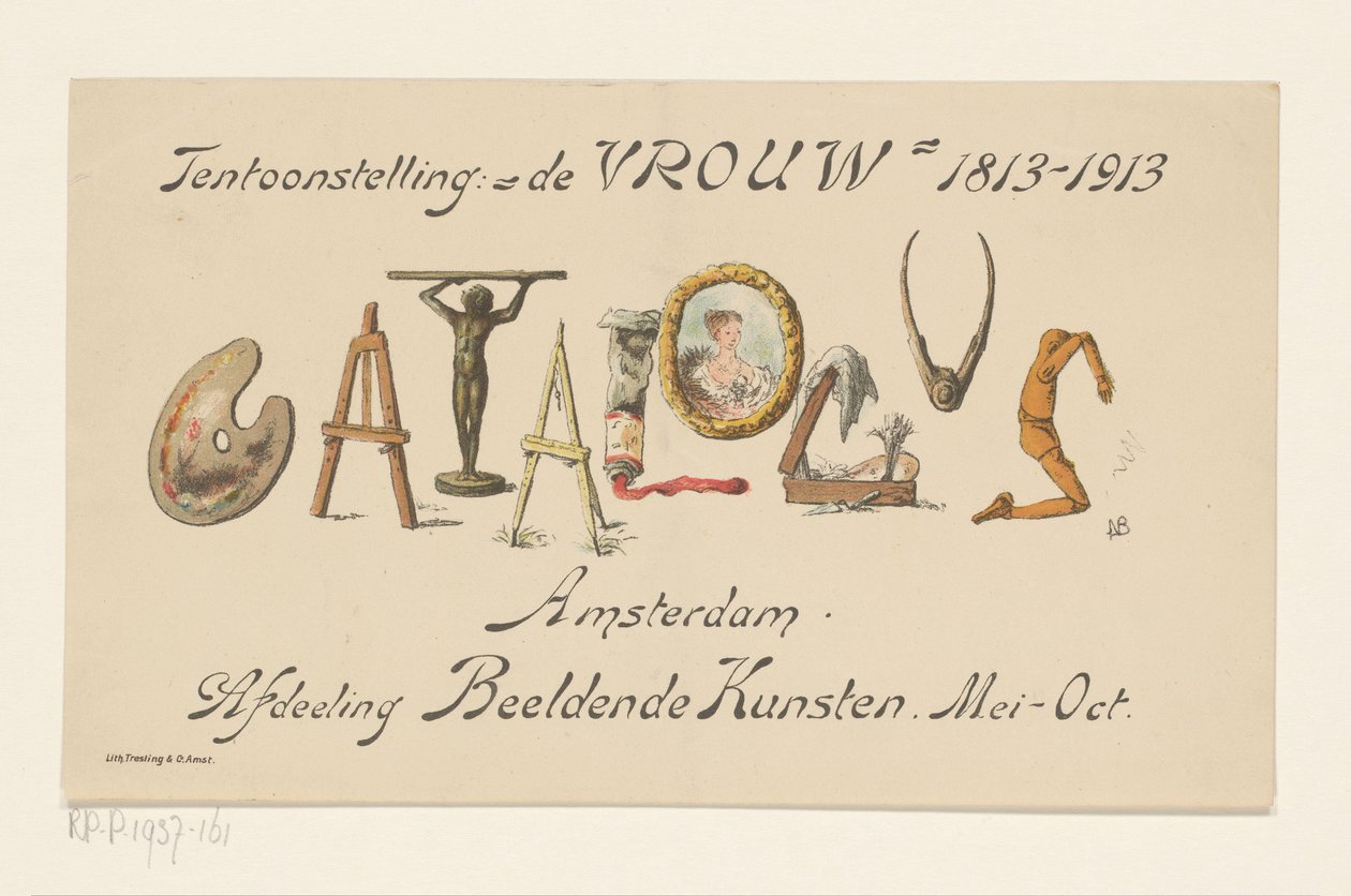 Oznámení k výstavě De Vrouw, 1813-1913 (název na předmětu) od Nelly Bodenheim (signed by artist)