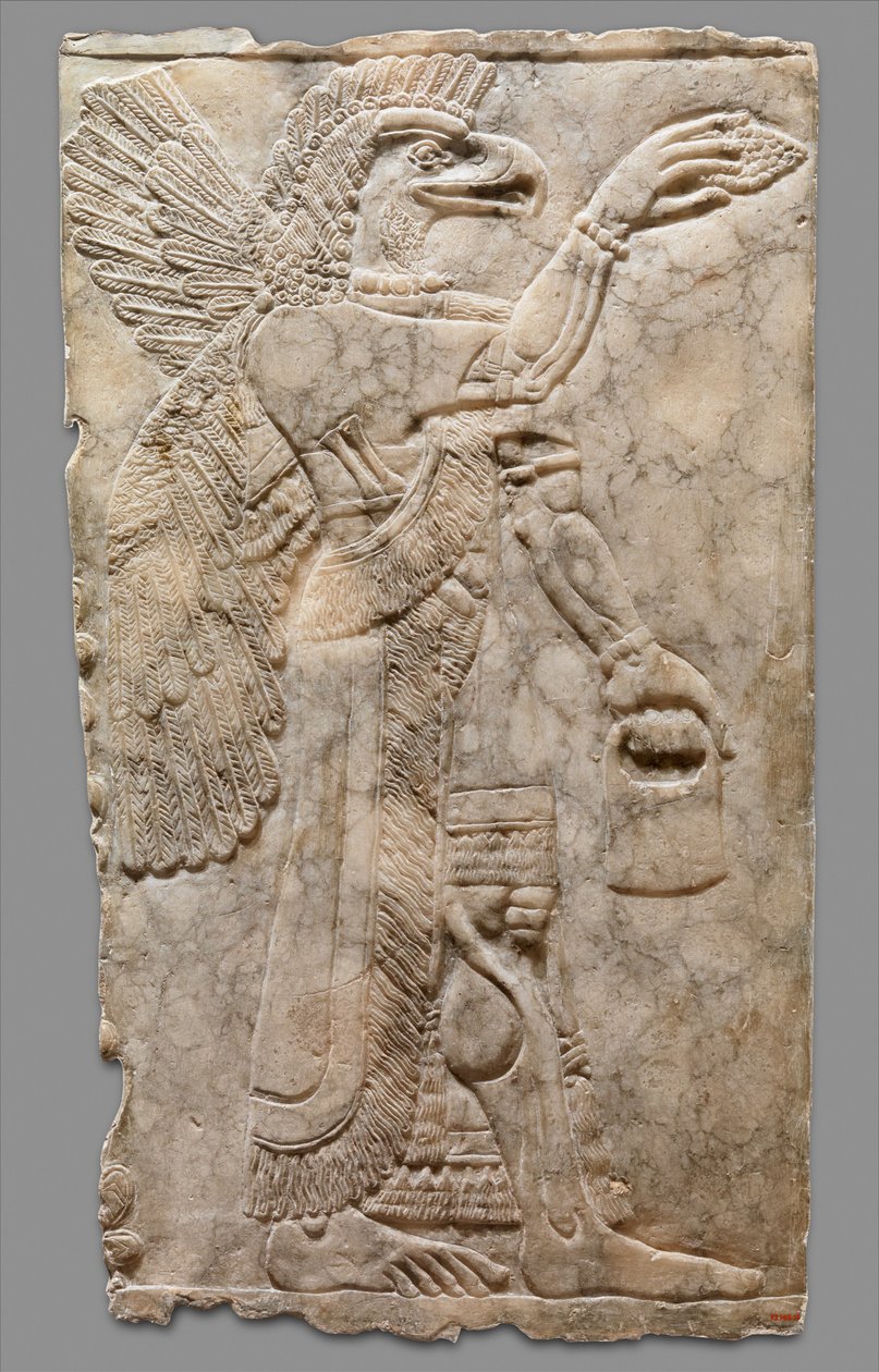 Reliéfní panel s nadpřirozenou postavou okřídleného orla s hlavou, kolem 883-59 př. Kr. (sádra alabastr) od Neo Assyrian
