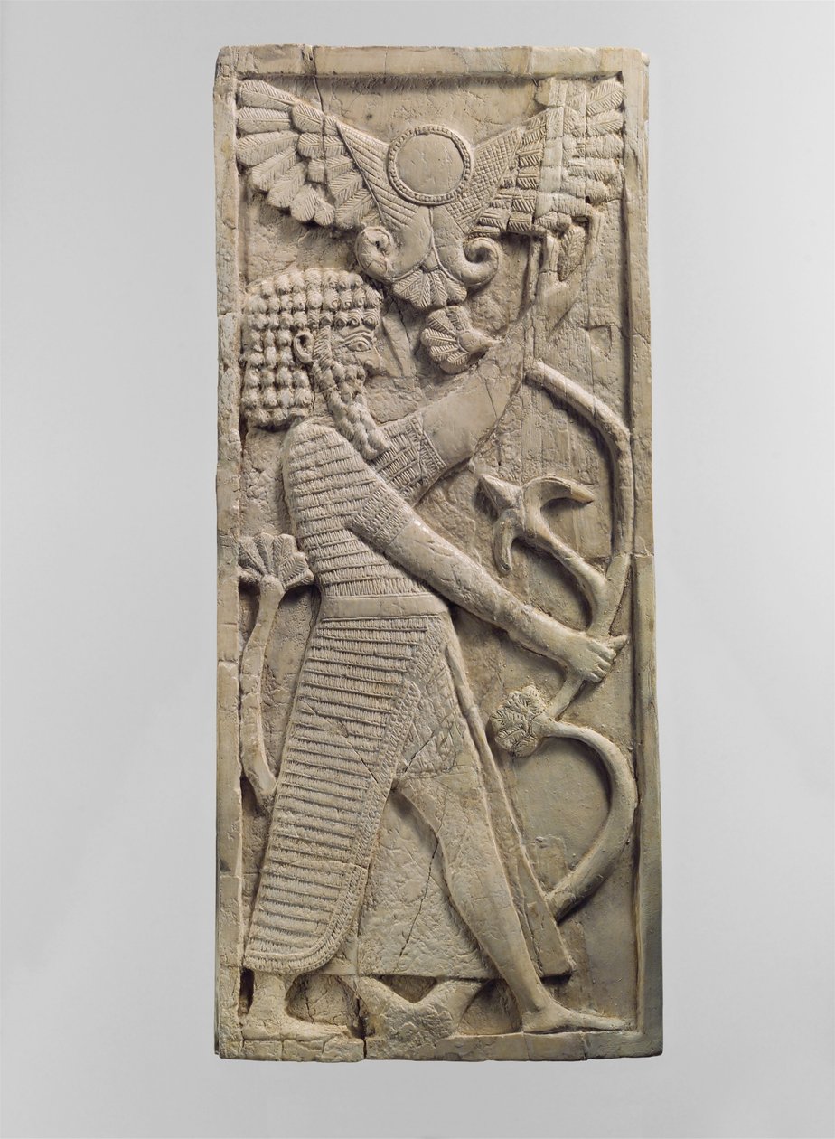 Nábytková deska vyřezaná v reliéfu s mužskou postavou svírající strom, kolem 8. století před naším letopočtem. (slonová kost) od Neo Assyrian Neo Assyrian