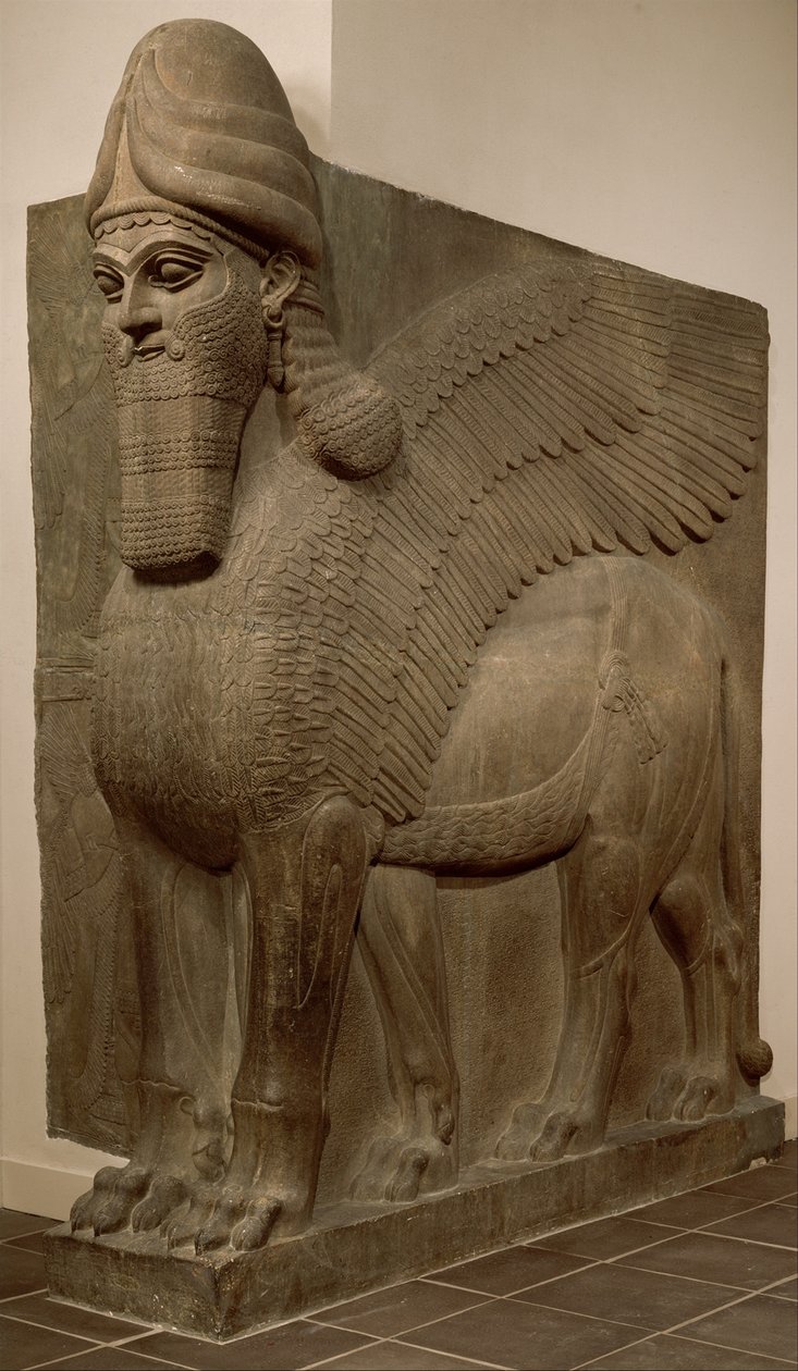 Okřídlený lev s lidskou hlavou (lamassu), cca 883–859 př. n. l. (sádrovec alabastr) od Neo Assyrian