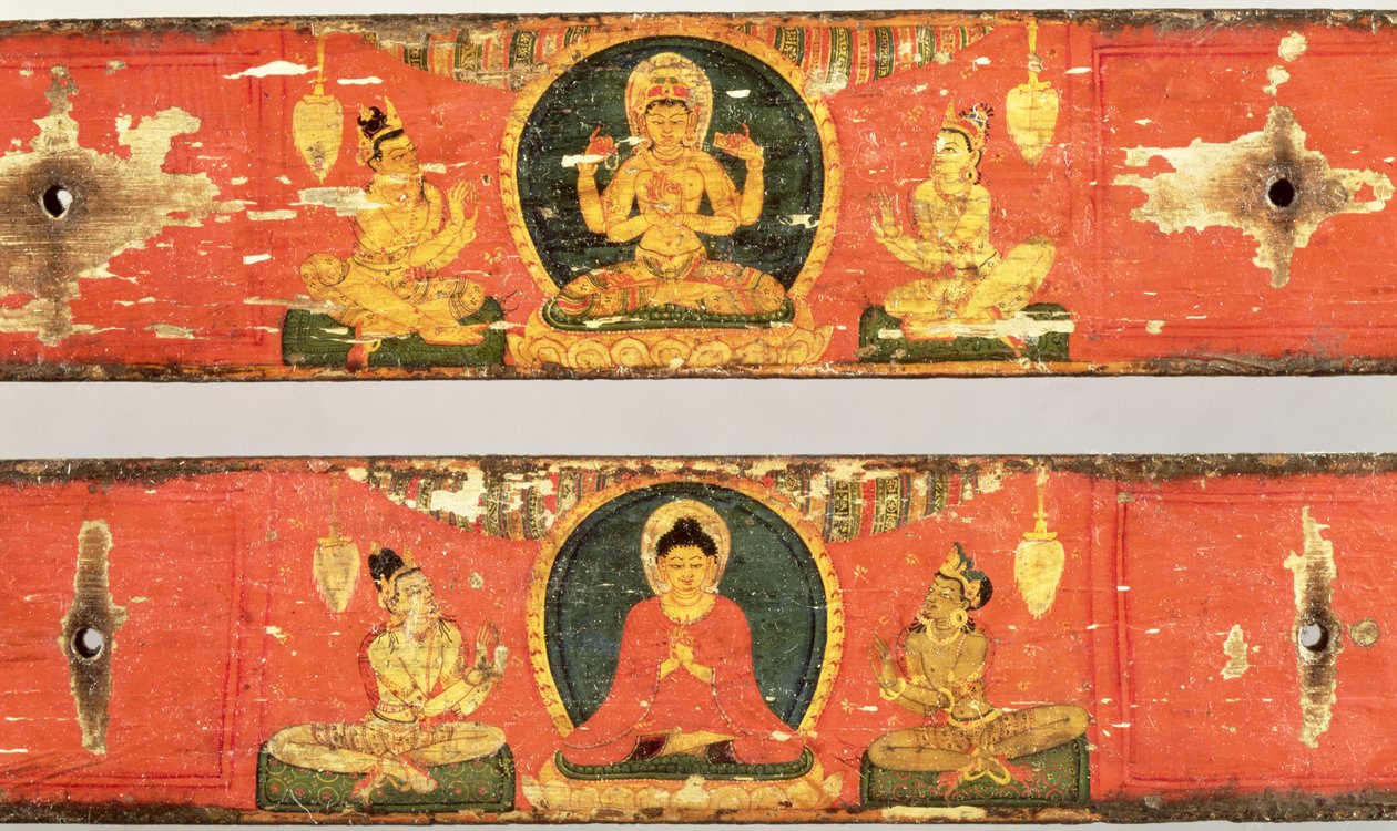 Sedící bódhisattva (Prajnaparamita) (nahoře) a Buddha obklopení detailem mandorly (dole) z potahů sútry, cca 1100 (polychromované dřevo) (detail 114238) od Nepalese School