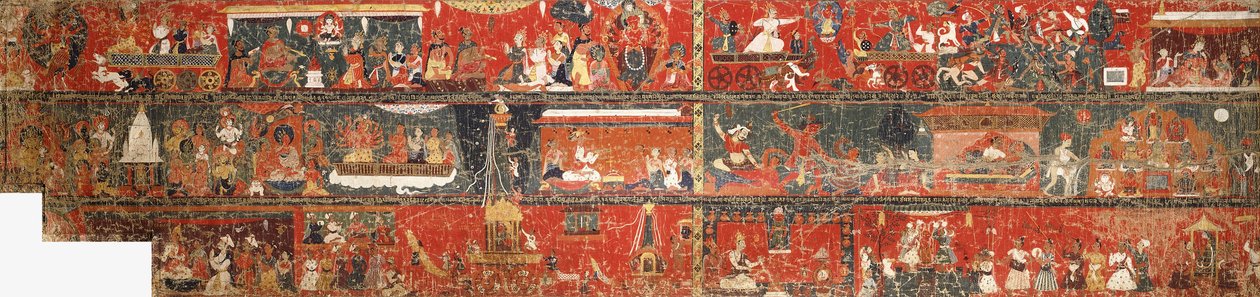 Velký nepálský historický obraz představující verzi legendy o Rudém Avalokiteshvarovi, 1712 od Nepalese School