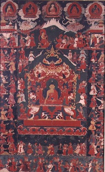 Buddha zahajuje praxi přijímání almužen z „The Prabha“ (závěsný svitek) od Nepalese School