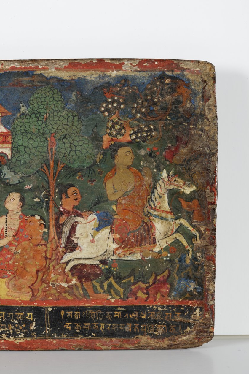 Detail z obálky buddhistického rukopisu (neprůhledný akvarel na dřevě) od Nepalese School
