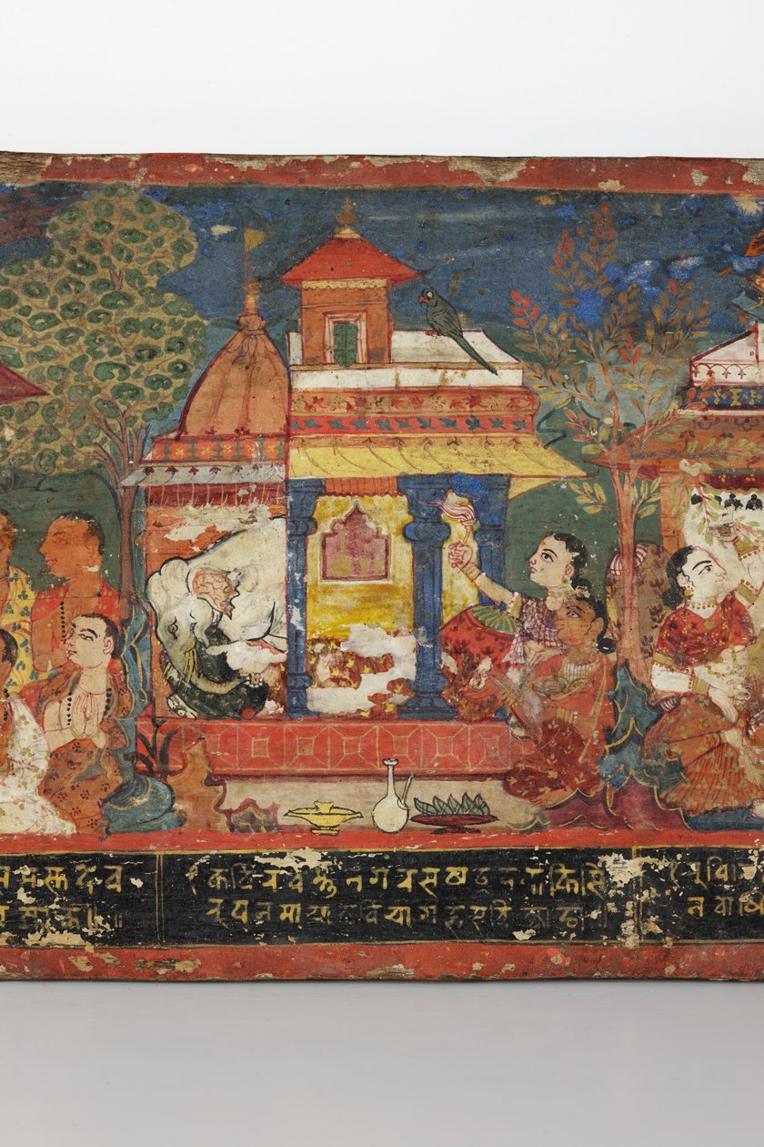 Detail z obálky buddhistického rukopisu (neprůhledné wc na dřevě) od Nepalese School