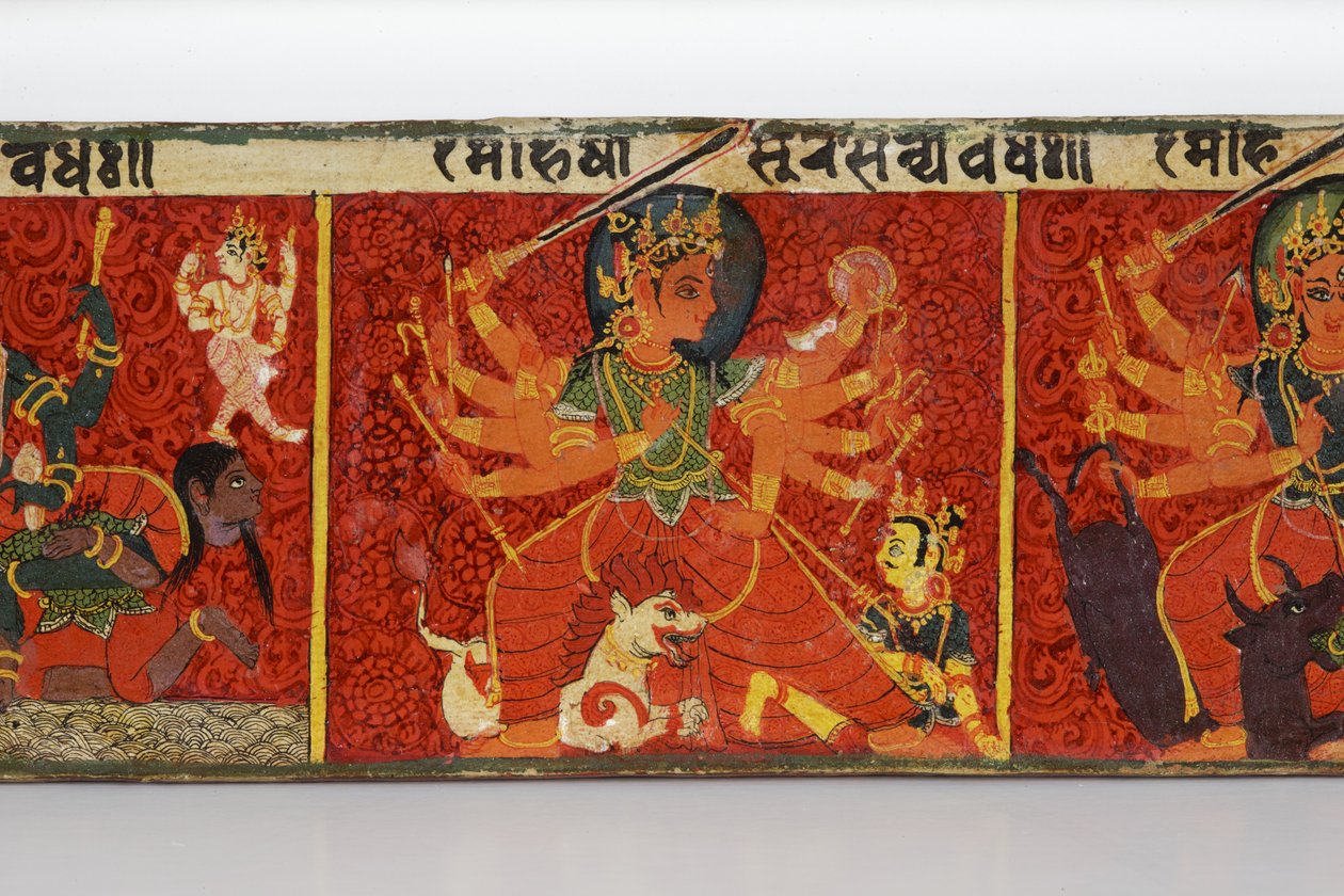 Detail z obálky rukopisu Devimahatmya (neprůhledné wc na dřevě) od Nepalese School