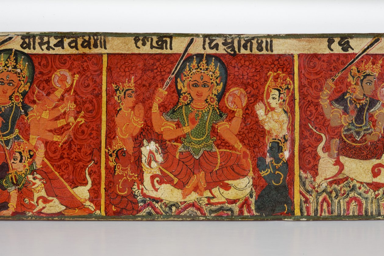 Detail z obálky rukopisu Devimahatmya (neprůhledné wc na dřevě) od Nepalese School