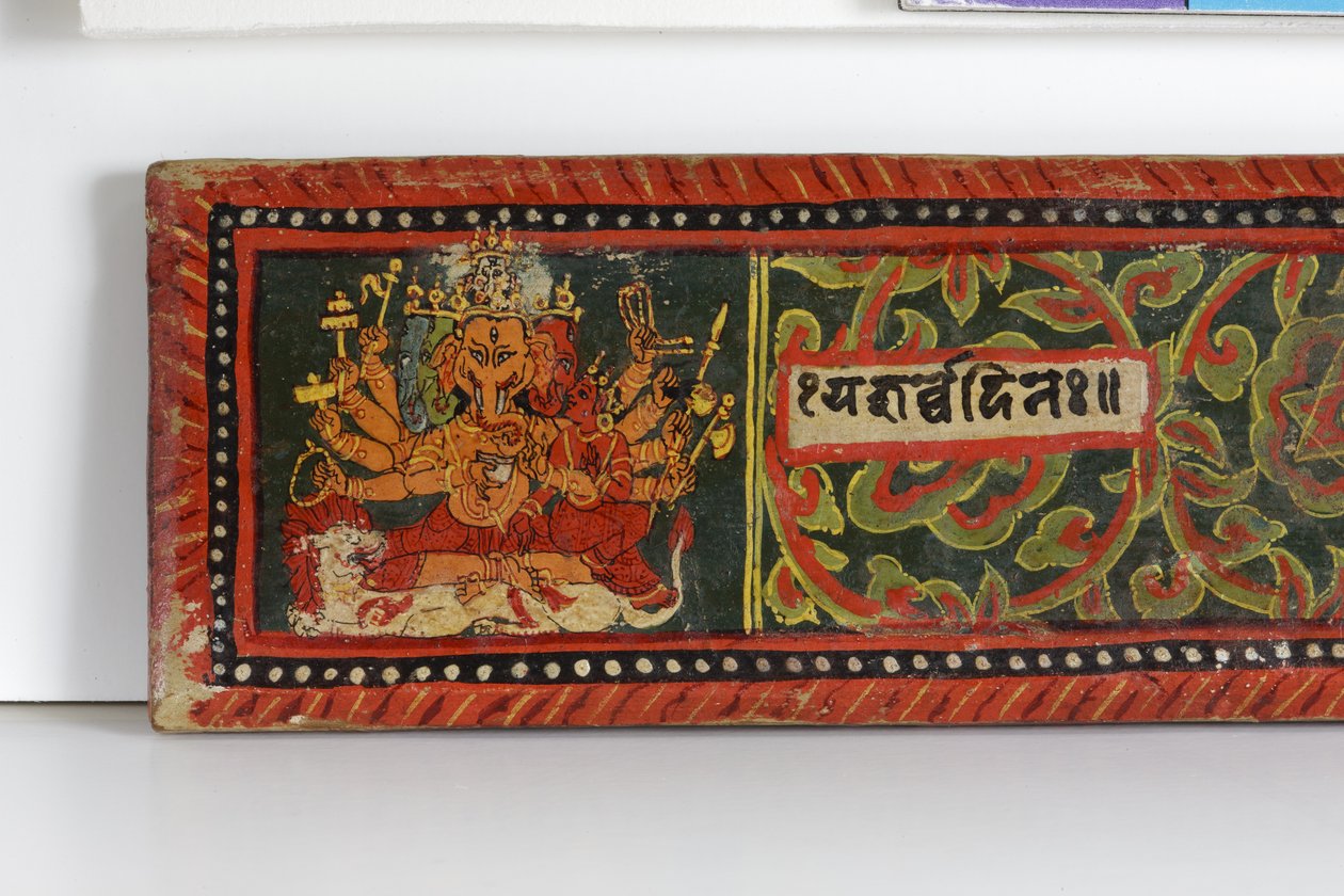 Detail z obálky rukopisu Devimahatmya (neprůhledné wc na dřevě) od Nepalese School