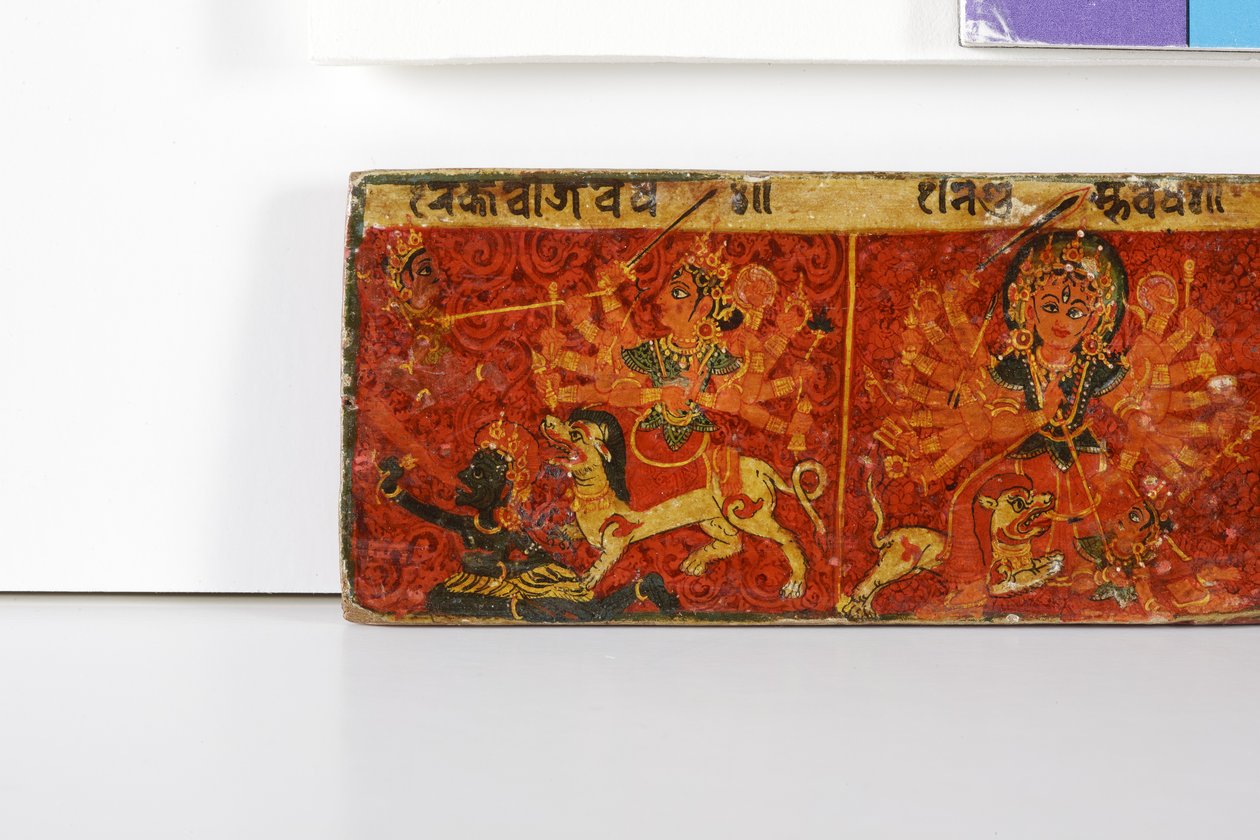 Detail z obálky rukopisu Devimahatmya (neprůhledné wc na dřevě) od Nepalese School