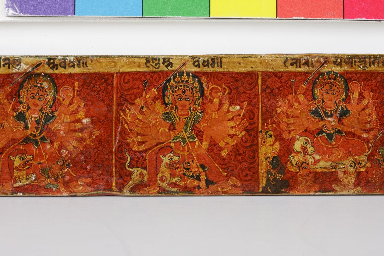 Detail z obálky rukopisu Devimahatmya (neprůhledné wc na dřevě) od Nepalese School