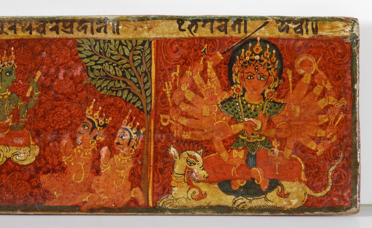 Detail z obálky rukopisu Devimahatmya (neprůhledné wc na dřevě) od Nepalese School