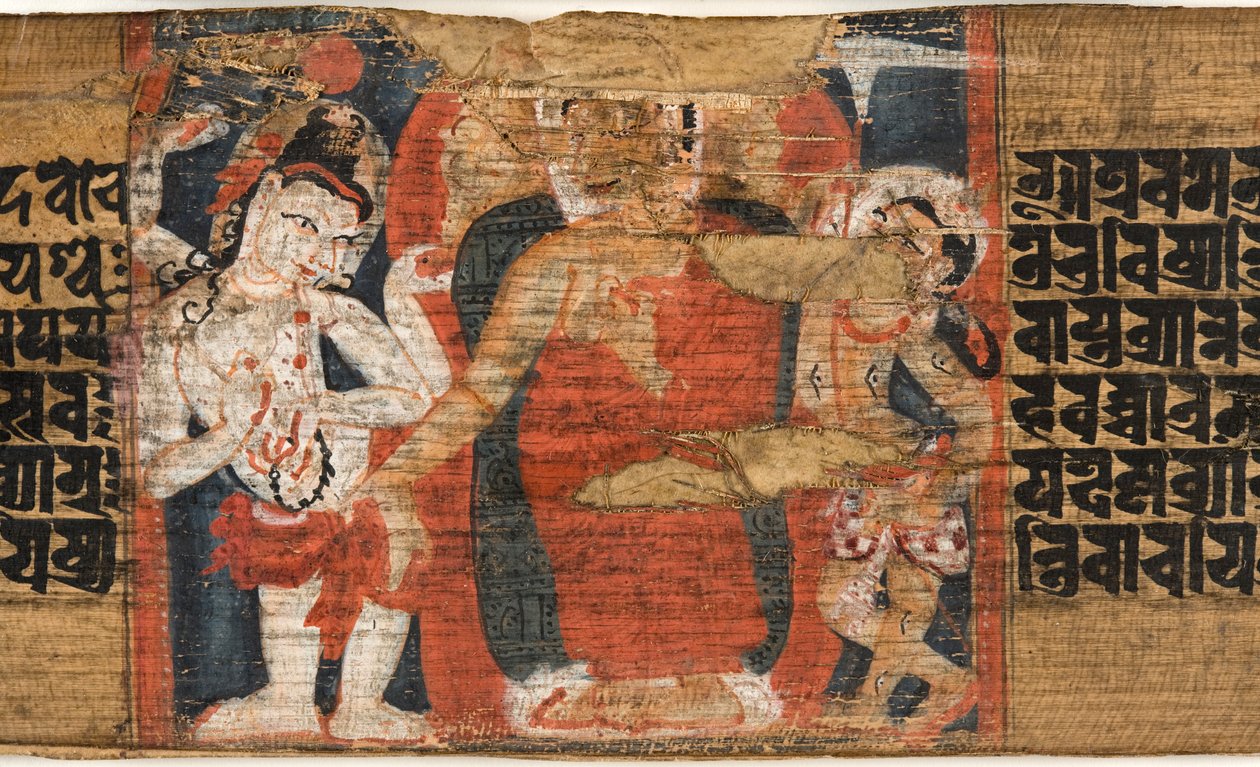 Folio 126b Buddhův sestup z nebe, z Astasahasrika Prajnaparamita (inkoust a barvy na palmových listech a dřevě) (detail 430762) od Nepalese School