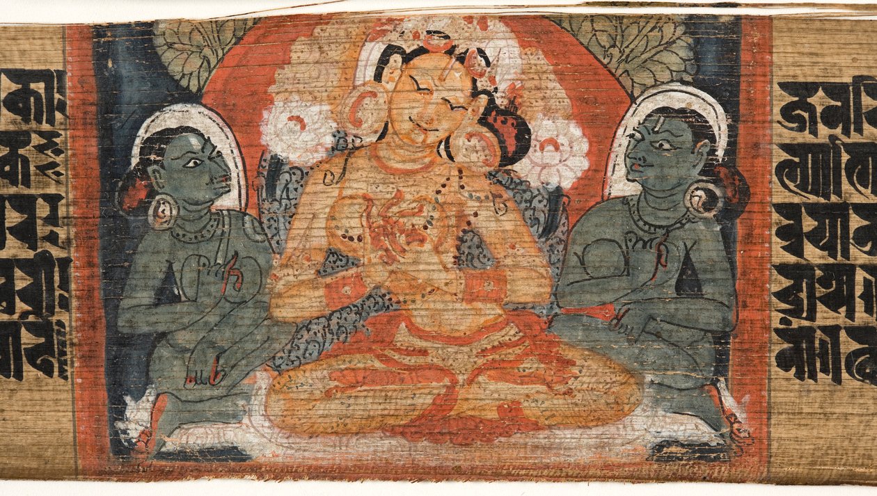 Folio 2r Goddess Prajnaparamita, z Astasahasrika Prajnaparamita (inkoust a barvy na palmových listech a dřevě) (detail 430760) od Nepalese School