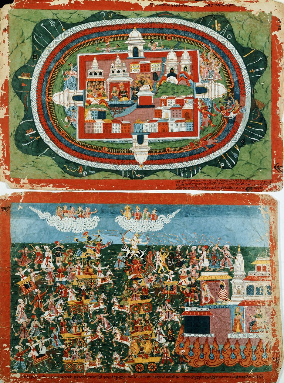 Krišna útočí na nedobytný hrad Prag-džjošita, aby získal náušnice Aditi, c. 1775 od Nepalese School