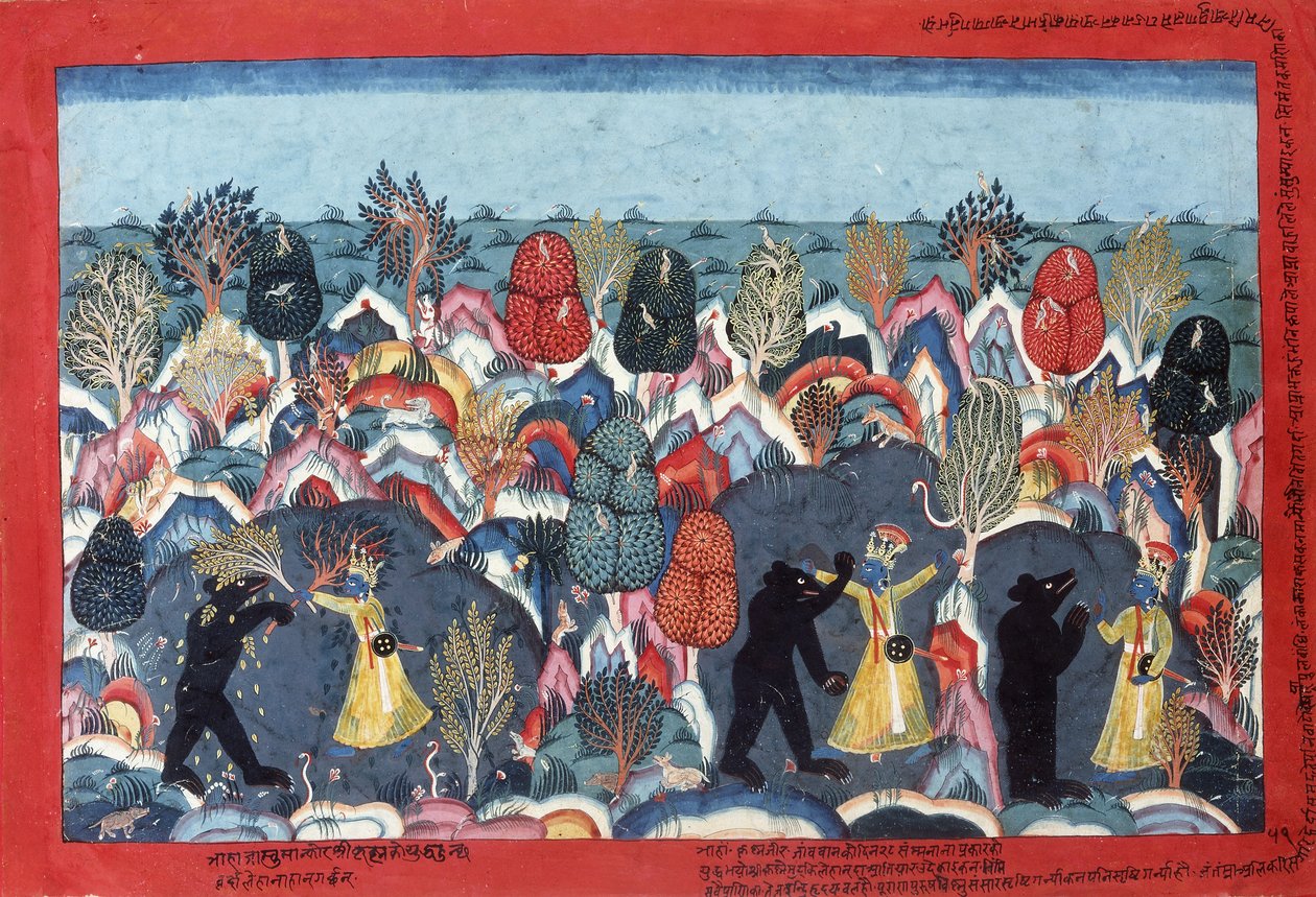 Krishna Fighting Jambavata, král medvědů, c. 1775 od Nepalese School