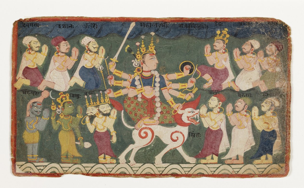 Mahalakshmi na svém lvu, z Devimahatmya, kolem 1750 (neprůhledné wc na papíře) od Nepalese School