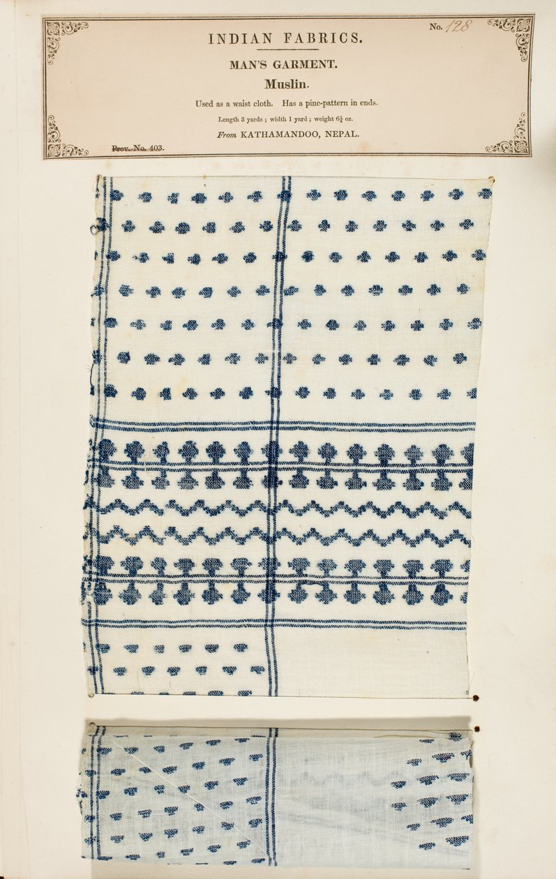 Vzorek mušelínu z Kathamandoo v Nepálu, ze sbírky The Collection of the Textile Manufacturers of India od Johna Forbese Watsona, vydané v roce 1866. od Nepalese School