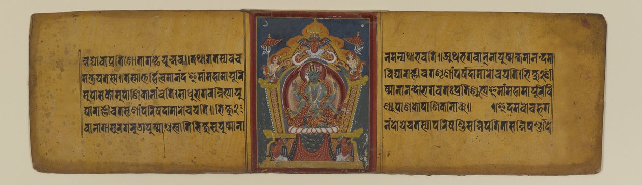 Stránka z buddhistického rukopisu zobrazujícího jednu z bohyní Pancharaksha, 16.–17. století (inkoust a akvarel na papíře) od Nepalese School