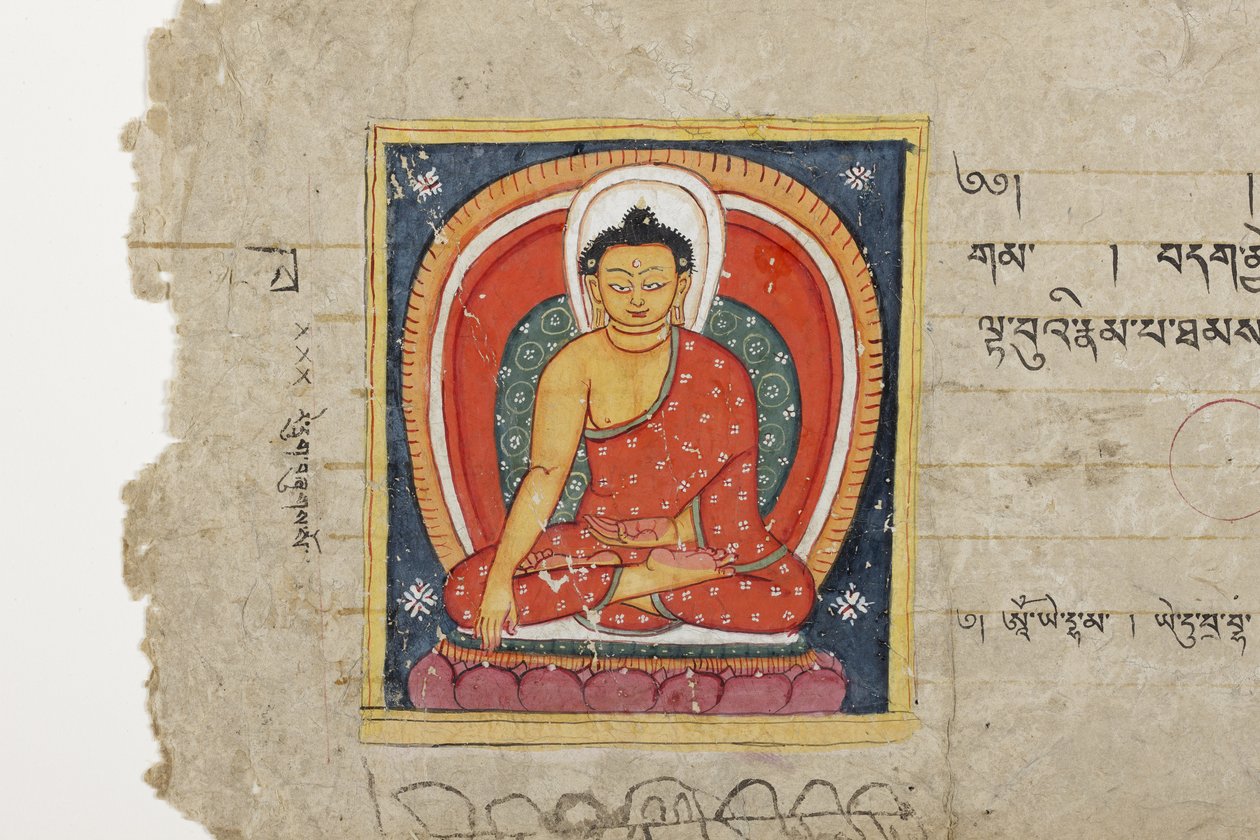 Stránka z buddhistického rukopisu, pravděpodobně z Mahášitalaniky, asi 1400 (neprůhledný akvarel a tuš na papíře) od Nepalese School