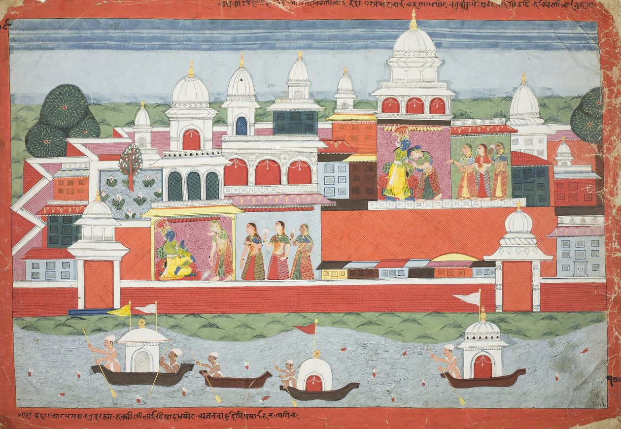 Rukmini žádá Krišnovo povolení navštívit svého bratra Rukmu, stránka z rukopisu Bhagavata Purana, kolem roku 1775 od Nepalese School