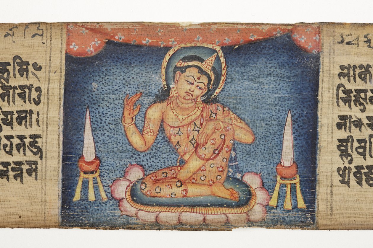 Sedící bódhisattva z Gandavyuha (neprůhledné wc a inkoust na palmovém listu) od Nepalese School