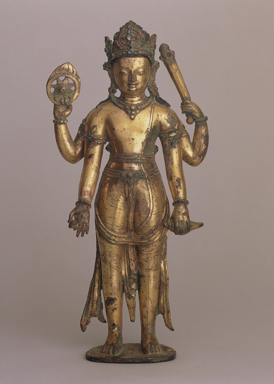 Soška hinduistického boha Višnua, cca 1200 (vysokoměděný bronz, vyřezávaná, zlacená, osazená drahokamy a malovaná) od Nepalese School