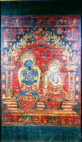 Thangka obraz zobrazující Adibuddha Vajradhara (kvaš na hedvábí) od Nepalese School