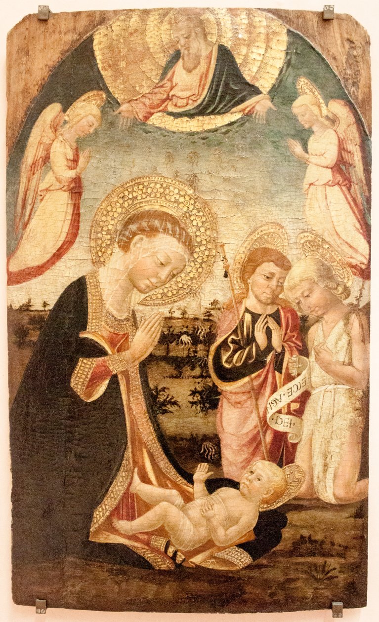 Klanění dítěte s Pannou, San Giovannino, San Jacopo Maggiore, andělé a Bůh Otec od Neri di Bicci