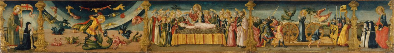 Svatý Vavřinec, svatý Michael a drak, Dormitio Virginis a mučednictví svaté Kateřiny od Neri di Bicci