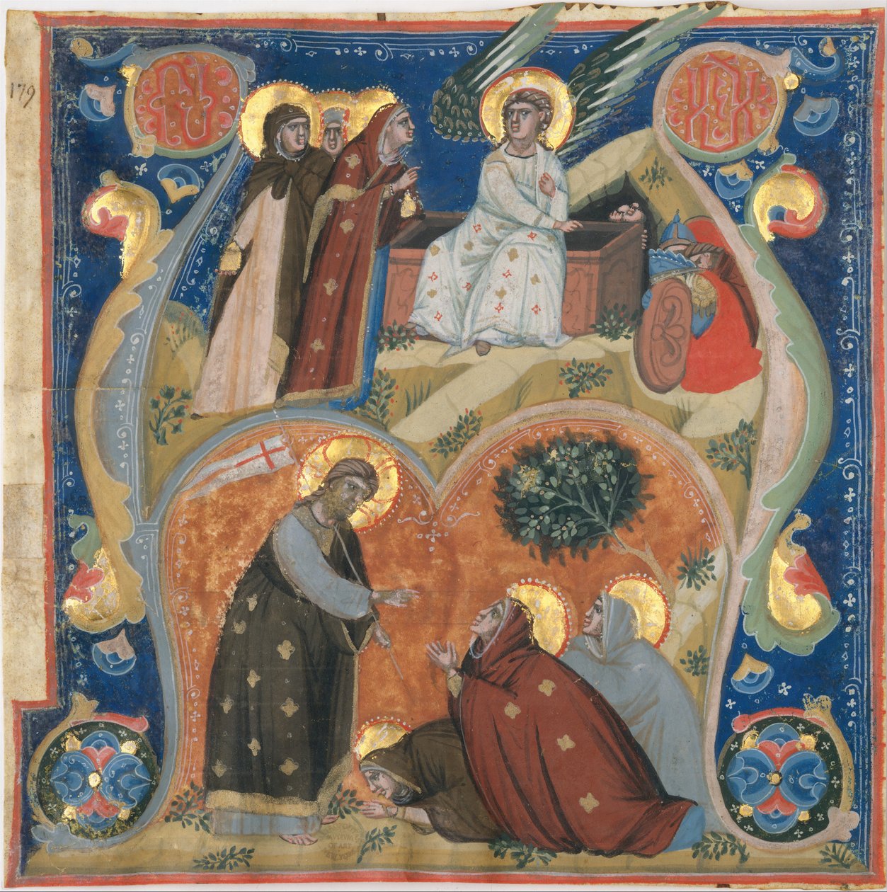 Rukopisná iluminace s velikonočními výjevy v iniciále A, z antifonáře, italština, ca. 132 od Neri da Rimini