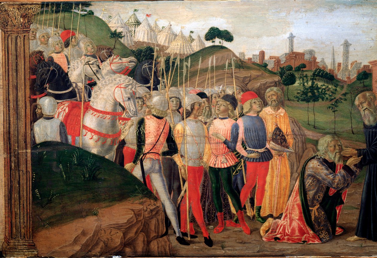 Totila, král Ostrogótů na návštěvě Benedikta z Nursie - Detail Predelle, c. 1470 od Neroccio di  Landi