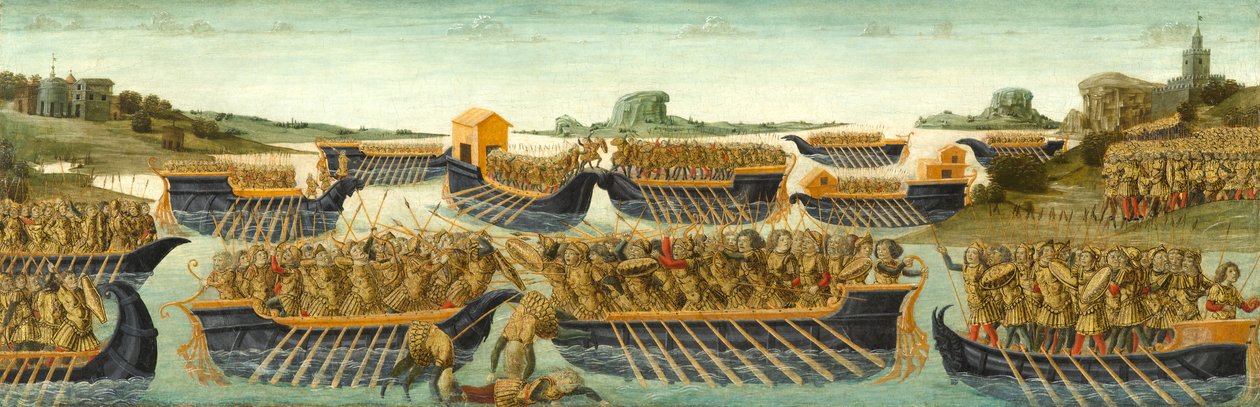 Bitva u Actia, kolem 1475-1480 (tempera a plátkové zlato na panelu) od Neroccio di Landi