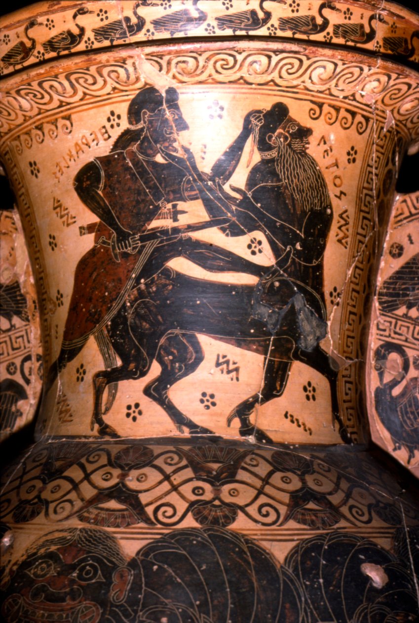 Herkules a kentaur Setos, detail řeckého hrnce, korintský, c7. století před naším letopočtem od Nessos Painter