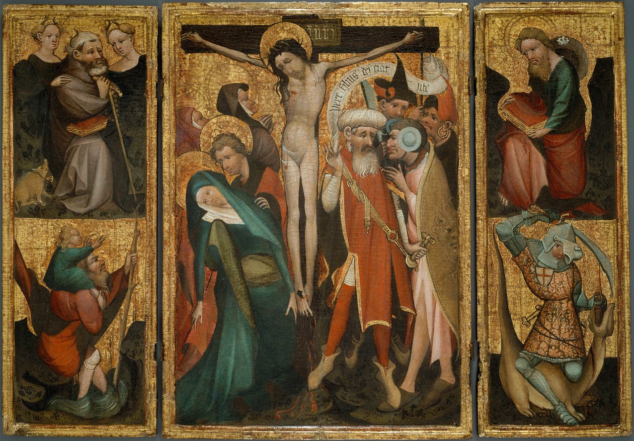 Triptych Ukřižování se svatými Antonínem, Kryštofem, Jakubem a Jiřím od Netherlandish