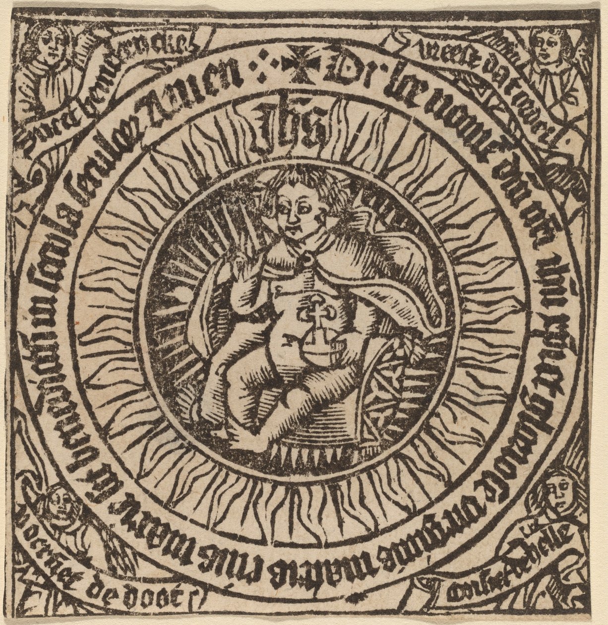 Božské nemluvně se zeměkoulí v kruhu se čtyřmi anděly od Netherlandish 15th Century