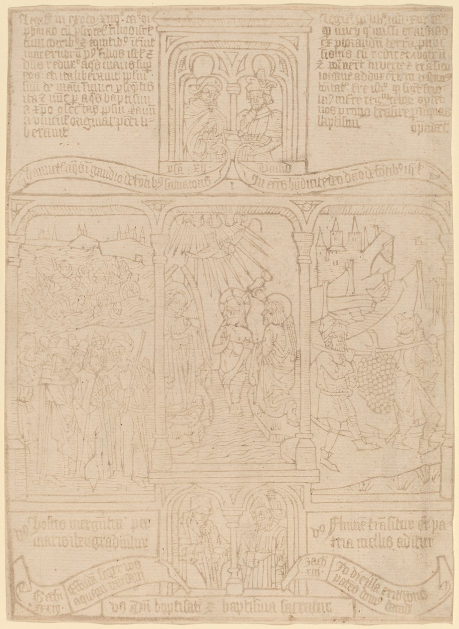 Křest Kristův; Faroah procházející Rudým mořem; Joshua a Caleb od Netherlandish 15th Century
