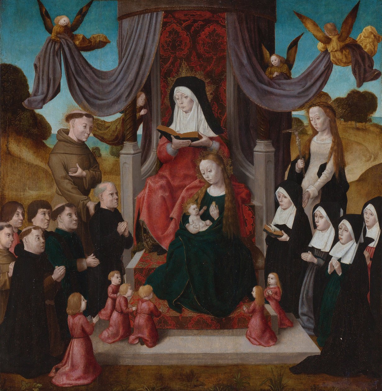 Panna s dítětem se svatou Annou Annou Selbdrittovou, svatými Františkem, Lidwinou a donátory, c. 1490-1 od Netherlandish Master