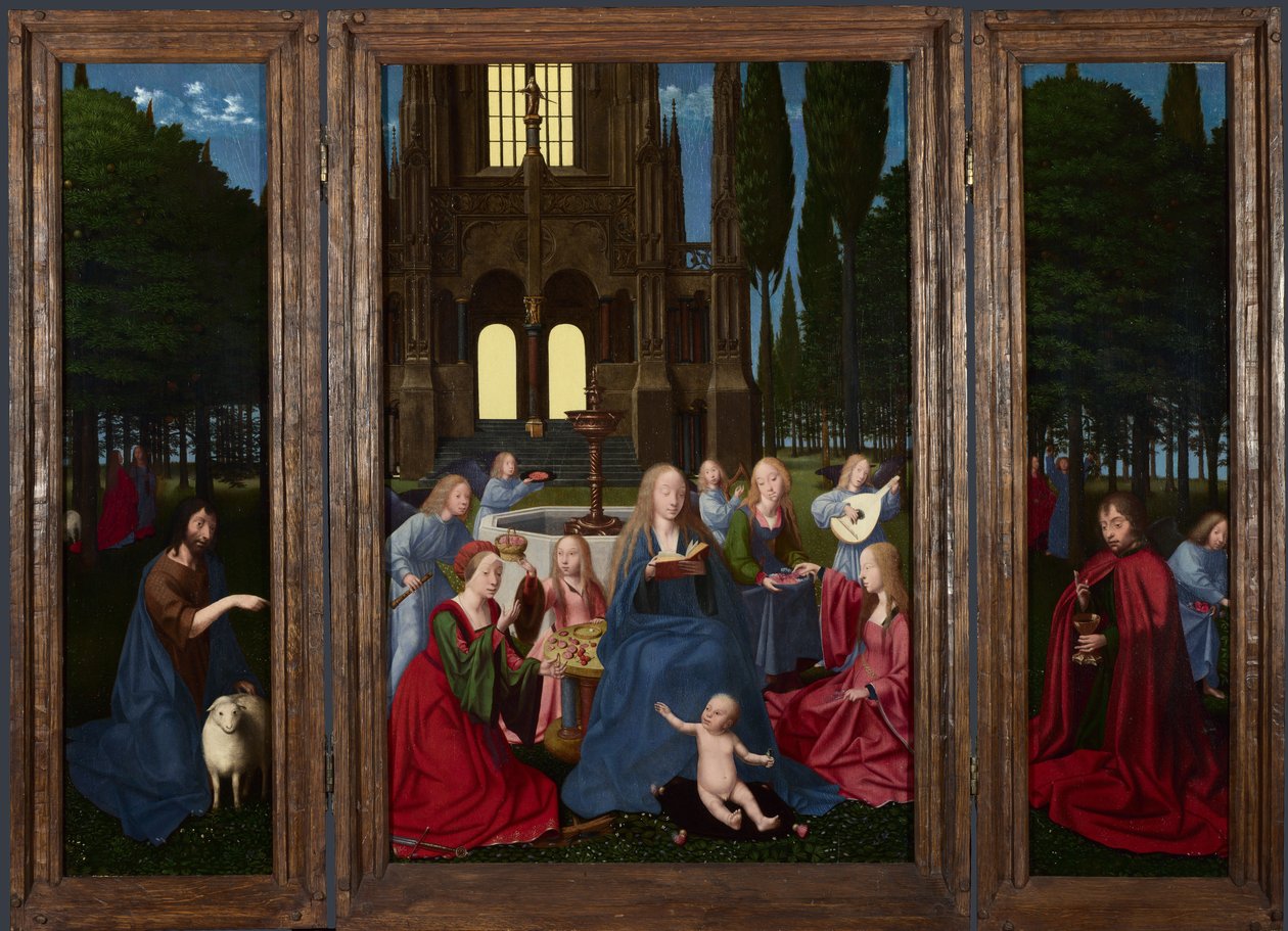 Panna a dítě se svatými a anděly v zahradě, c. 1500 od Netherlandish Master