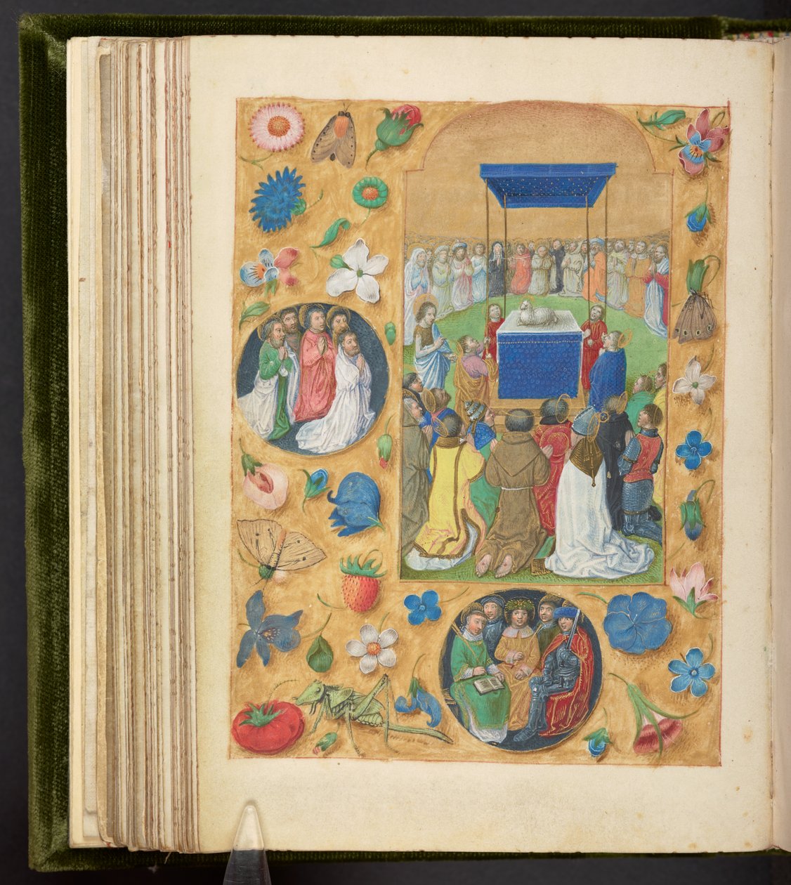 Přidat. 17280, f.77v, Klanění mystického beránka, z hodin Filipa Sličného, kolem 1495 (vellum) od Netherlandish School