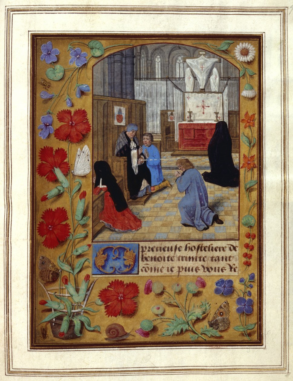Přidat. 25698, f.9 Půst a modlitba v kostele, ilustrace z „Knihy hodin“, cca 1492 (inkoust a barva na pergamenu) od Netherlandish School