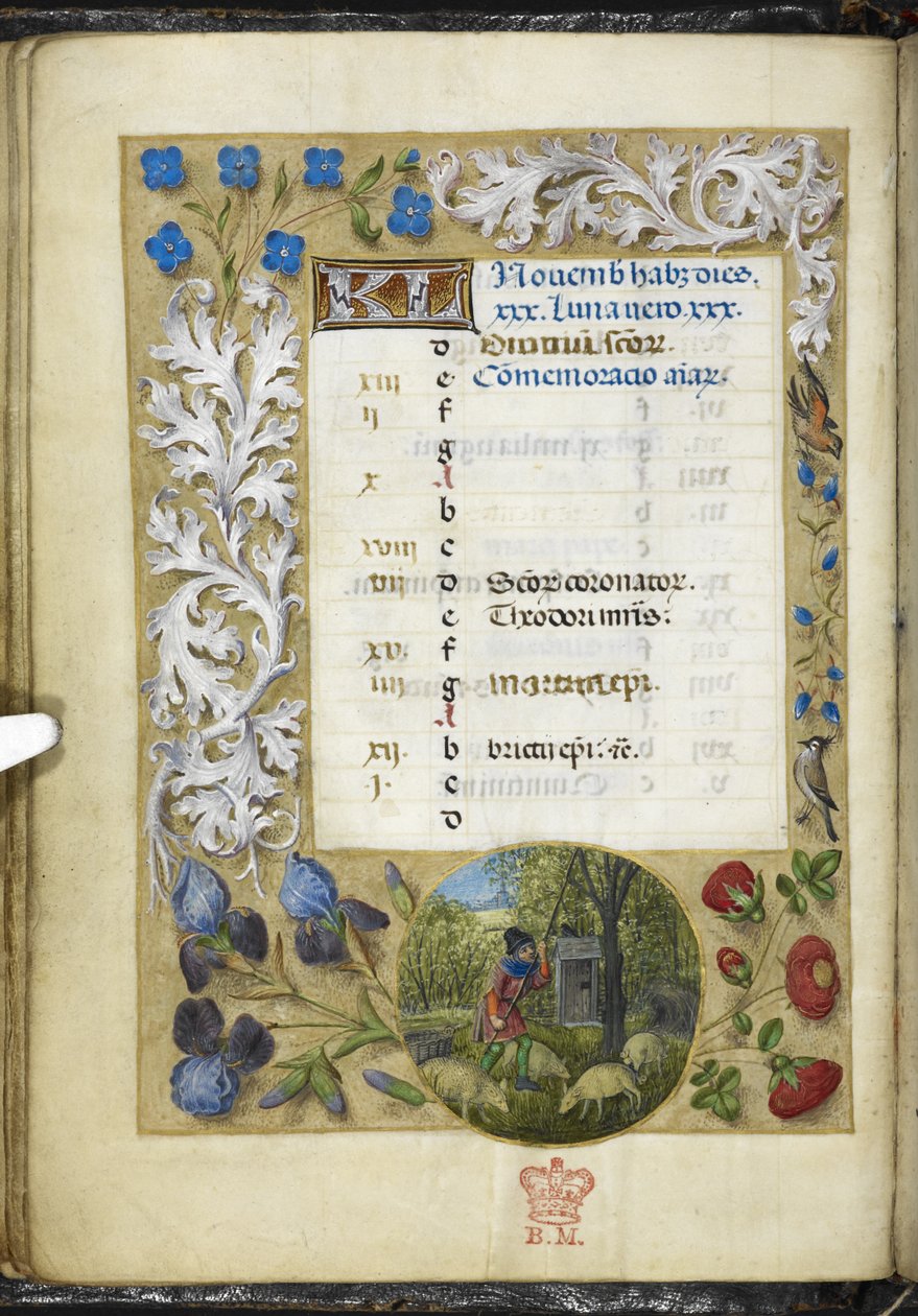 Přidat stránku kalendáře MS 38126 f.11v na listopad, z „Knihy hodin, využití Říma“ („Hodiny Huth“) 1485-90 (vellum) od Netherlandish School