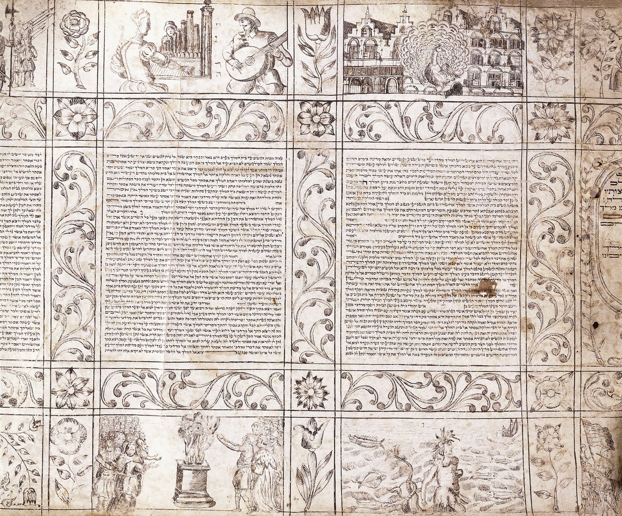 Iluminovaný rukopis sefardským písmem, zobrazující výjevy z holandského života a bible s květinovými kartušemi, 17. století od Netherlandish School