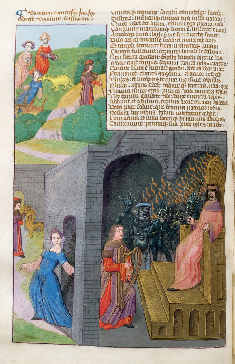 Ms 324 f.101 v. Orpheus a Eurydice, Cerberus a Pluto, z Metamorphoses 10 od Ovidia, 1479 od Netherlandish School