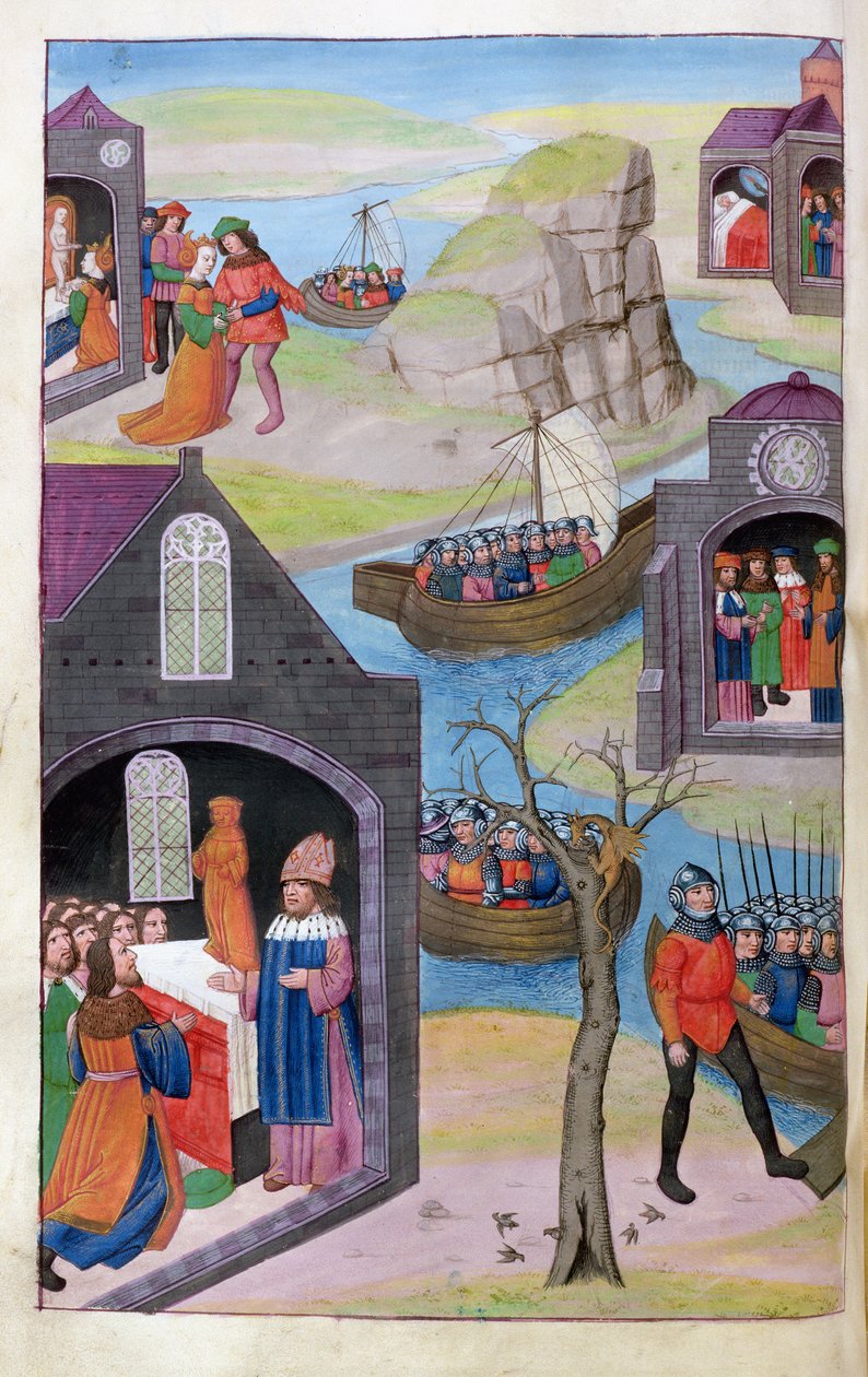 Ms 324 f.118 v. Heenbas sen. Paříž a Helena. Calchas vysvětluje zázračné dítě z Metamorphoses 12 od Ovidia, 1479 od Netherlandish School