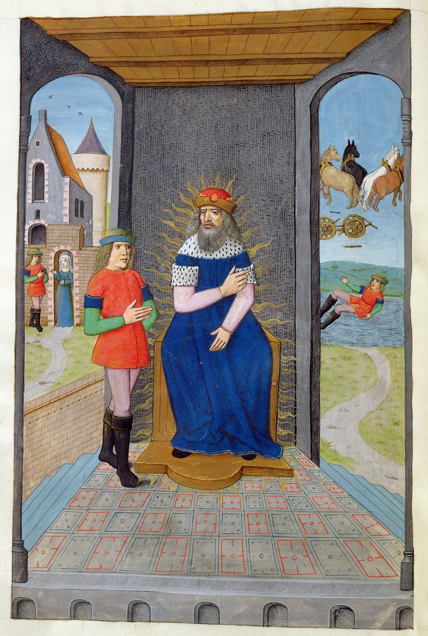 Ms 324 f.25 v. Phaeton si vypůjčí vůz od svého otce a je zabit, z Metamorphoses 2 od Ovidia, 1479 od Netherlandish School