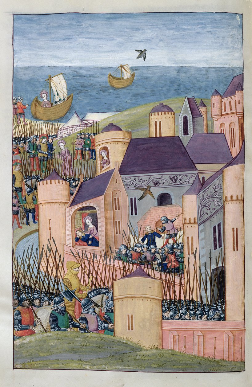 Ms 324 f.324 v. Minos obléhá Megaru. Scylla zrádně ostříhá vlasy svého otce a uteče z Metamorphoses 8 od Ovidia, 1479 od Netherlandish School
