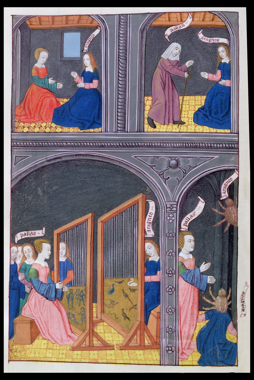 Ms 324 f.62 v. Arachne vyzývá Pallase a stává se pavoukem, z Metamorphoses 6 od Ovidia, 1479 od Netherlandish School