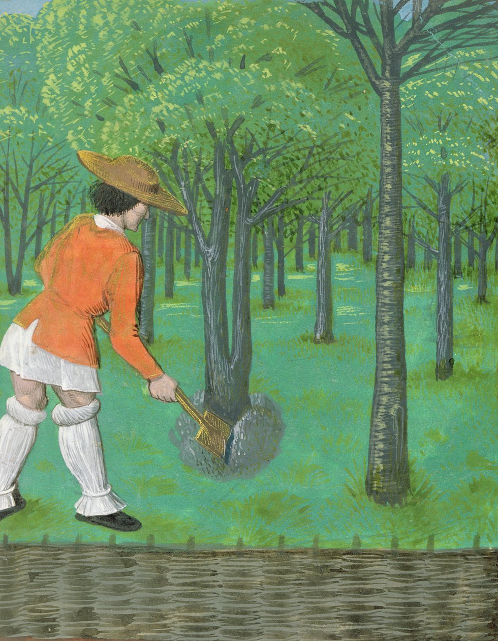 Roy 14 E VI f.28 Muž s rýčem v sadu, z 