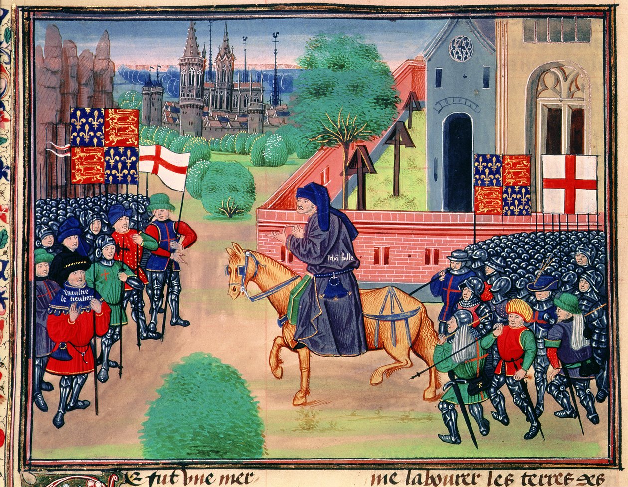 Roy 18 E I f.165v Rolnické povstání zobrazující prapory Anglie a St. George, John Ball zobrazený v čele rebelů, ilustrace z 